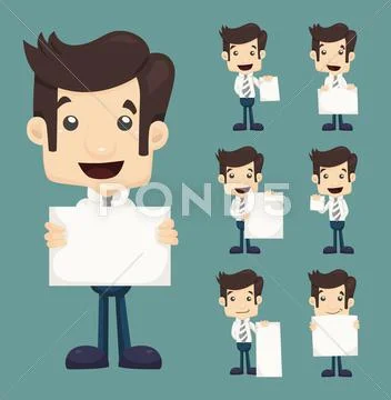 Set of businessman holding blank notes characters poses Stock Illustration