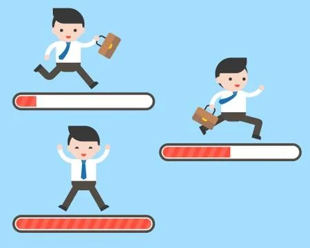 Set of Businessman running on loading bar, 3 progress steps, start , download イラスト素材