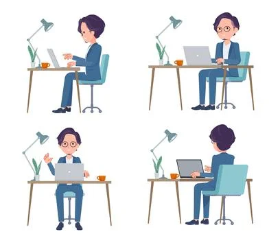 A set of businessman working at a desk at a computer Stock Illustration