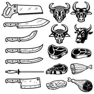 Set of butcher tools, beef, meat icons. Design elements for logo Stock Illustration