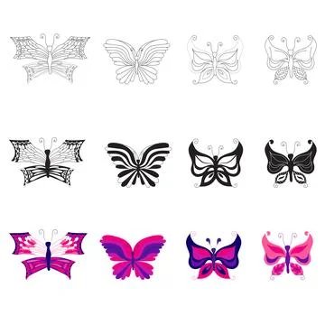 Set of butterflies in different flat, silhouette, doodle styles. Vector Stock Illustration