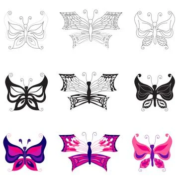 Set of butterflies in different flat, silhouette, doodle styles. Vector Stock Illustration