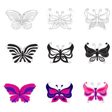 Set of butterflies in different flat, silhouette, doodle styles. Vector Stock Illustration