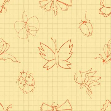 Set of butterflies painted on a school notebook in a cage. Doodle vector illu Illustrazione stock