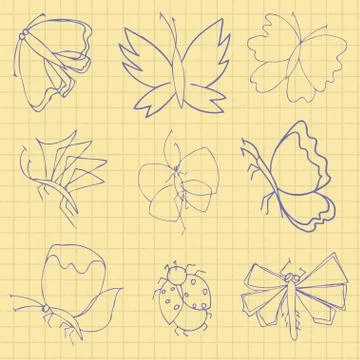 Set of butterflies painted on a school notebook in a cage. Doodle vector illu Stock Illustration