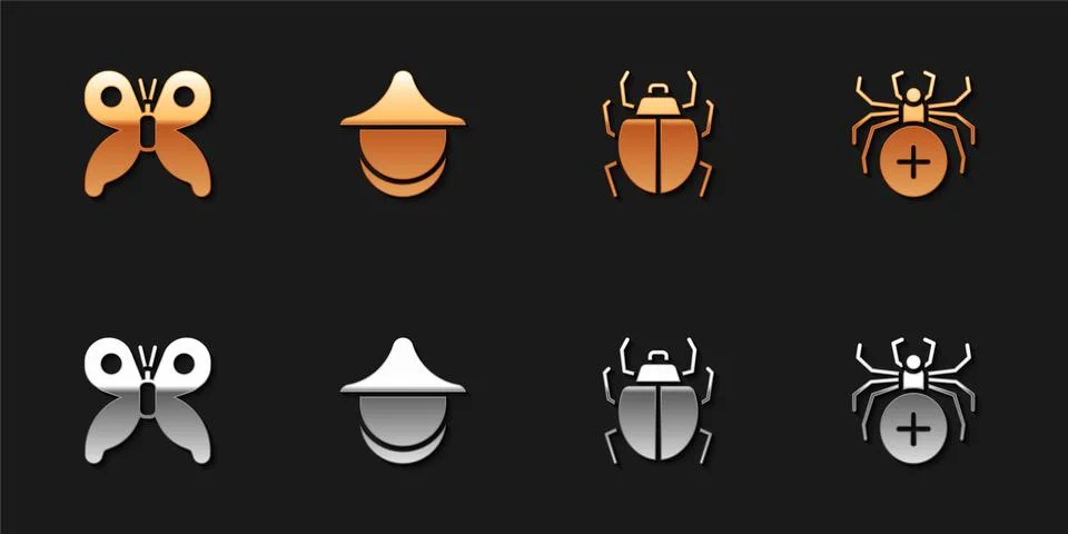 Set Butterfly, Beekeeper hat, Mite and Spider icon. Vector Stock Illustration