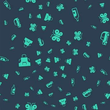 Set Butterfly, Bottle of wine, Kitchen apron and Car on seamless pattern. Vector Stock Illustration