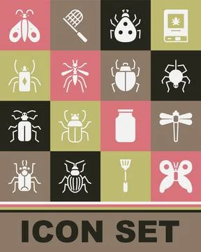 Set Butterfly, Dragonfly, Spider, Ladybug, Mosquito, Beetle, and Mite icon Illustrazione stock