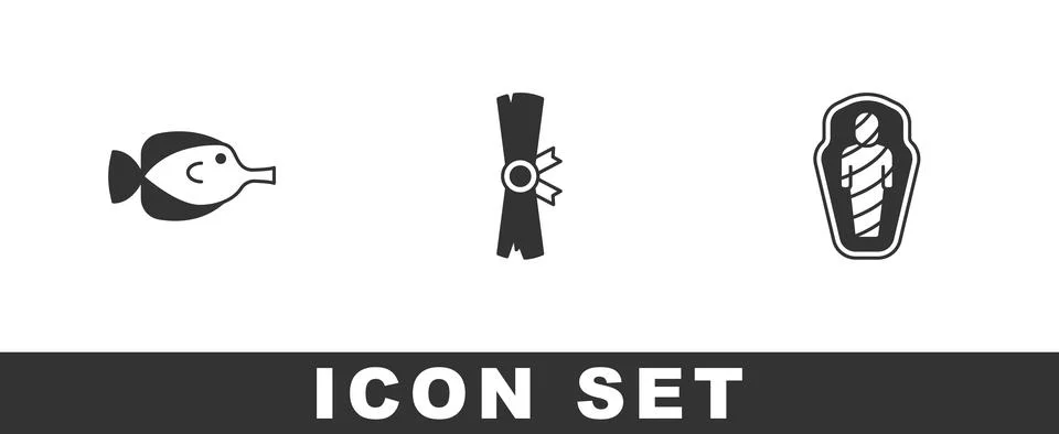 Set Butterfly fish, Papyrus scroll and Egypt mummy in sarcophagus icon. Vecto Stock Illustration