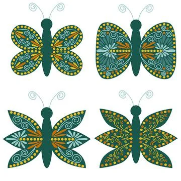 A set of butterfly floral design elements. Folk-style elements with geometr.. Stockillustratie