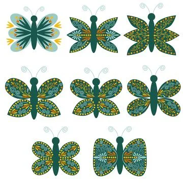 A set of butterfly floral design elements. Folk-style elements with geometr.. Stockillustratie