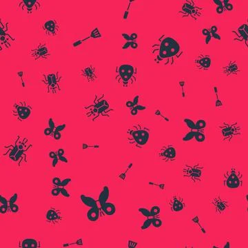 Set Butterfly, Fly swatter, Beetle bug and Ladybug on seamless pattern. Vector Stock Illustration