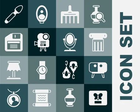 Set Butterfly in a frame, TV table stand, Ancient column, Hairbrush, Retro .. Stock Illustration