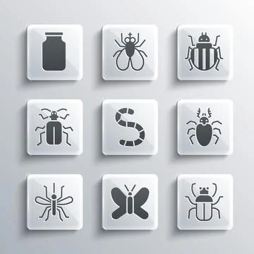 Set Butterfly, Stink bug, Beetle deer, Worm, Mosquito, Chafer beetle, Glass jar Stock Illustration
