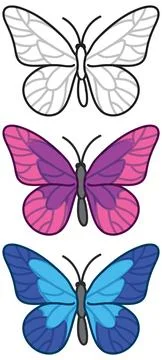 Set of Butterfly Vector Illustrations in Outline Pink and Blue Stock Illustration