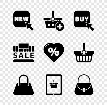 Set Button with text New, Add Shopping basket, Buy button, Handbag, tablet,.. Ilustración de archivo