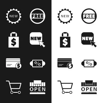 Set Button with text New, Shoping bag and dollar, Price tag, Free, Credit card Ilustración de archivo