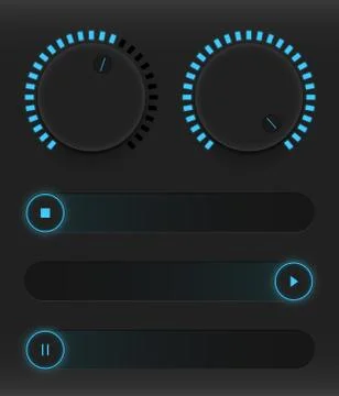 Set of buttons and sliders. Luminous, neon control user interface. Sound mana Illustrazione stock