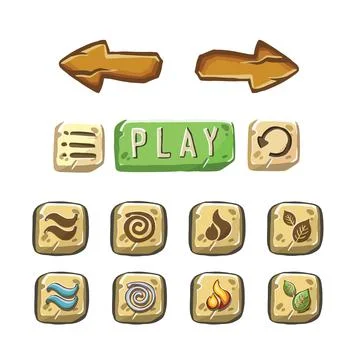 Set of Buttons with symbols of the elements, air, water, earth, fire. hand dr Stock Illustration