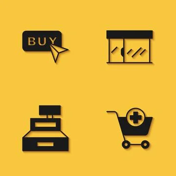 Set Buy button, Add Shopping cart, Cash register machine and Market store icon Stock Illustration