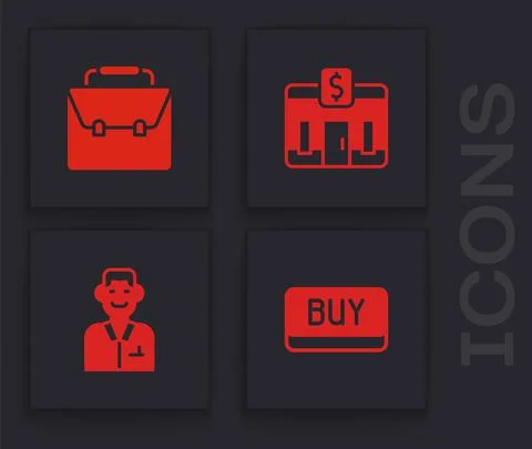 Set Buy button, Briefcase, Bank building and Trader icon. Vector Ilustración de archivo
