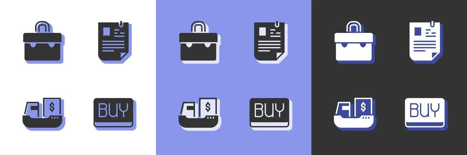 Set Buy button, Briefcase, Cargo ship with boxes delivery and Resume icon Stock Illustration