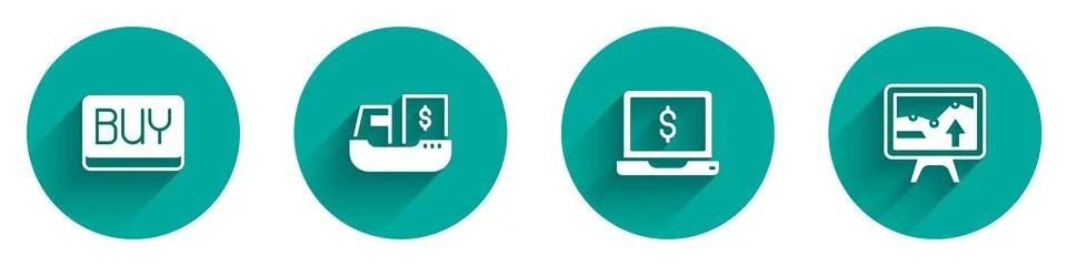Set Buy button, Cargo ship with boxes delivery, Laptop dollar and Monitor graph Illustrazione stock