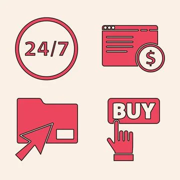 Set Buy button, Clock 24 hours, Online shopping on screen and Cursor click Stock Illustration