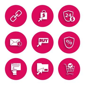 Set Buy button, Cursor click document folder, Shopping cart with check mark Stock Illustration