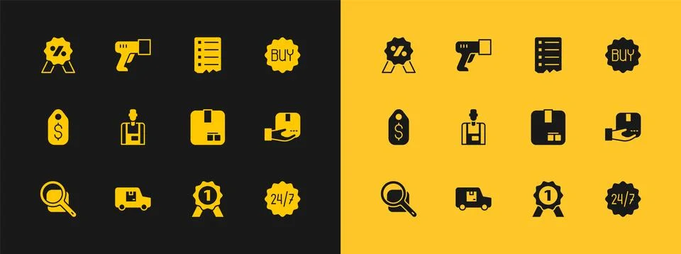 Set Buy button, Delivery cargo truck, Carton cardboard box, Medal, Seller, .. Stock Illustration
