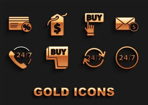 Set Buy button, Envelope with coin dollar, Clock 24 hours, Telephone support Stock Illustration