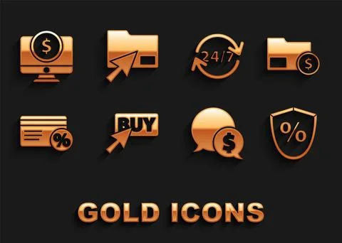 Set Buy button, Envelope with coin dollar, Loan percent, Speech bubble, Discount Stock Illustration