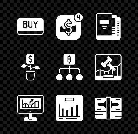Set Buy button, Mobile stock trading, Office folders, Computer with growth graph Illustrazione stock