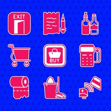 Set Buy button, Mop and bucket, POS terminal with credit card, Toilet paper roll Stock-Illustration