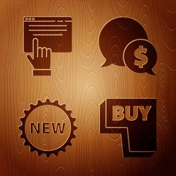Set Buy button, Online shopping on screen, Price tag with New and Speech bubble Stock Illustration