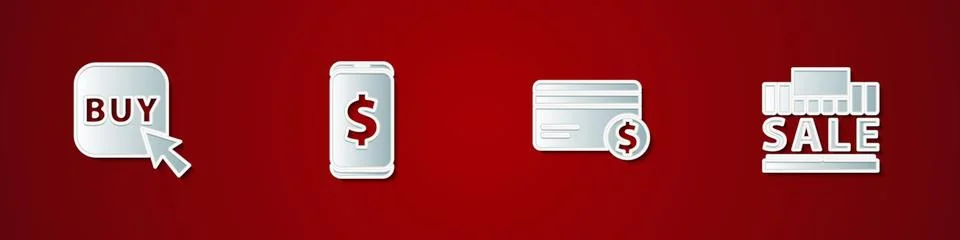 Set Buy button, Smartphone with dollar, Credit card and and Shopping building Illustrazione stock