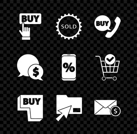 Set Buy button, Sold label, Phone and speech bubble with, Cursor click document Stock Illustration