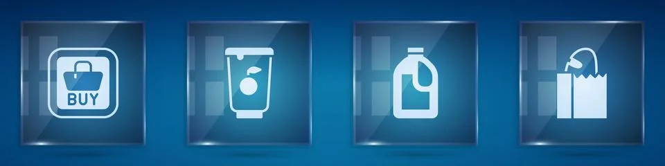 Set Buy button, Yogurt container, Bottle for cleaning agent and Paper bag with Stock Illustration