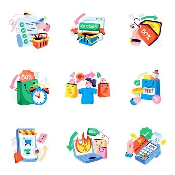 Set of Buying and Shopping Flat Illustrations Stock Illustration