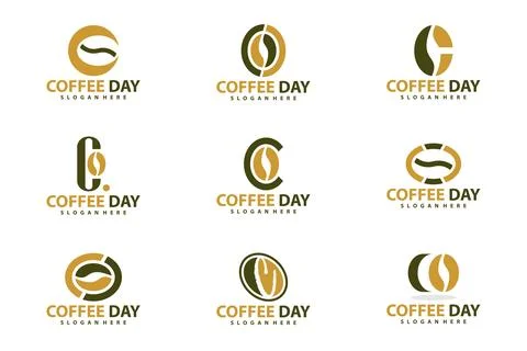 Set of C Coffee logo vector template, Creative Coffee Bean with Letter C lo.. Stock Illustration