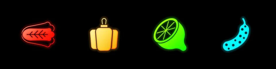 Set Cabbage, Bell pepper, Lemon and Fresh cucumber icon. Vector Stock Illustration