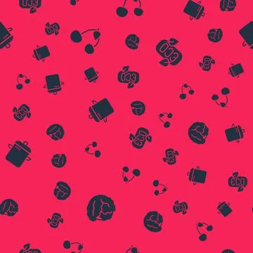 Set Cabbage, Cherry, Cooking pot and Leaf Eco symbol on seamless pattern. Vector Illustrazione stock