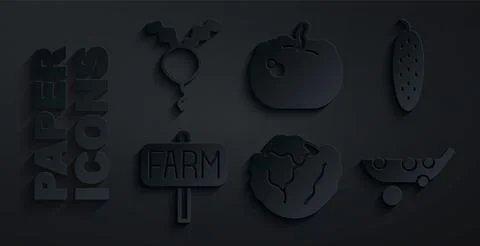 Set Cabbage, Cucumber, Location farm, Peas, Pumpkin and Radish icon. Vector Illustrazione stock