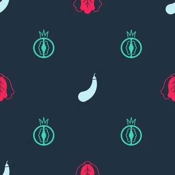 Set Cabbage, Eggplant and Tomato on seamless pattern. Vector Illustrazione stock