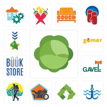Set of cabbage, navy anchor, recycle, motorcycle shop, trekking, gavel, book  Illustrazione stock gratuita
