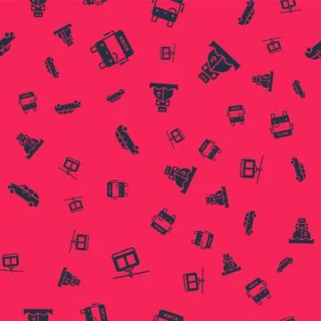 Set Cable car, Bus, Hatchback and Cargo ship on seamless pattern. Vector Illustrazione stock