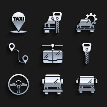 Set Cable car, Car, Bus, key, Steering wheel, Route location, service and Map Stock-Illustration