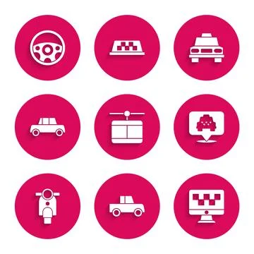 Set Cable car, Car, Computer call taxi service, Location with, Scooter, Taxi and Stockillustratie