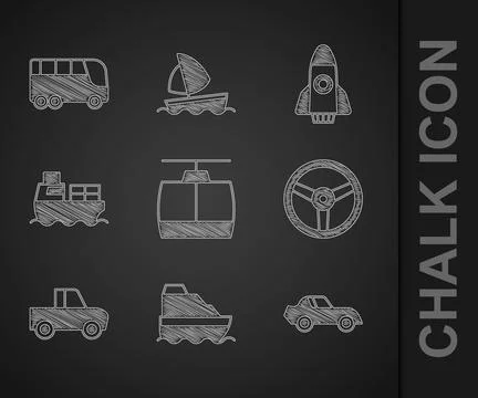 Set Cable car, Cruise ship, Car, Steering wheel, Pickup truck, Cargo with b.. Stock Illustration