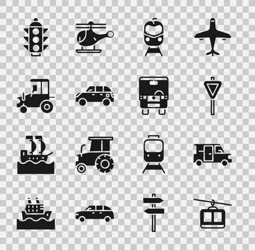 Set Cable car, Minibus, Road traffic signpost, Train and railway, Hatchback.. Stock Illustration